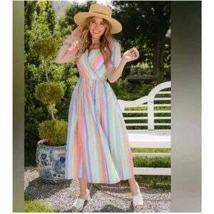 New Ivy City Co. Dreamsicle Multicolor Striped Faux Wrap Midi Dress XS